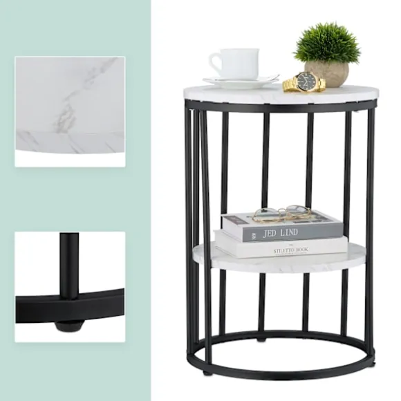 Rundt sidebord i marmorlook med 2 niveauer