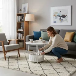 Rundt sidebord med opbevaringskurv – metalstel