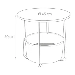 Rundt sidebord med opbevaringskurv, metalstel