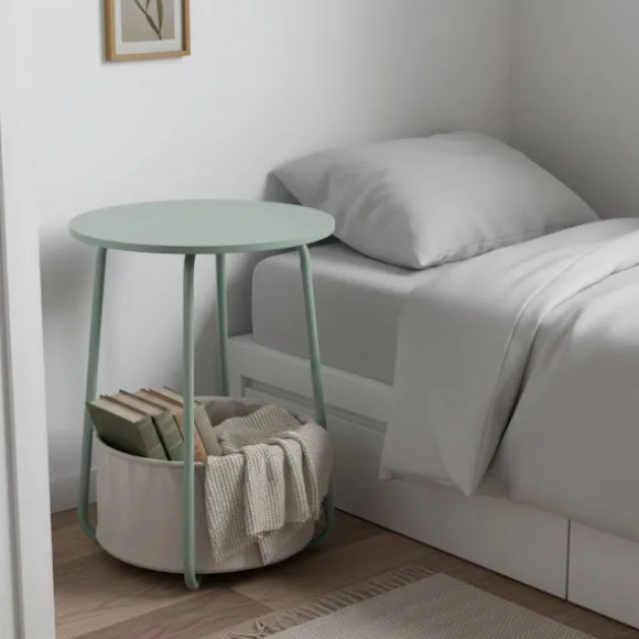 Rundt sidebord med stofkurv