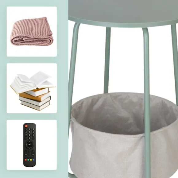 Rundt sidebord med stofkurv