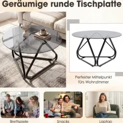 Rundt sofabord, hærdet glas og metalstel, 80x80 cm