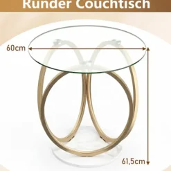 Rundt sofabord i glas med guldmetalramme
