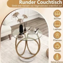 Rundt sofabord i glas med guldmetalramme