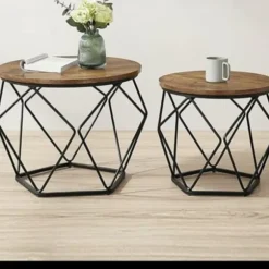 Rundt sofabord i ét stykke, sidebord, sofabord, moderne stil, aftagelig bakke, stålramme, velegnet til stue - rustik brun og sort
