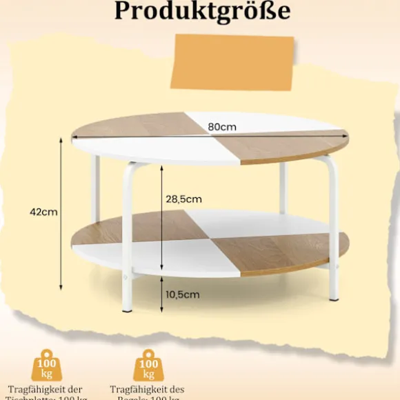 Rundt sofabord med hylde, hvid og naturtræ