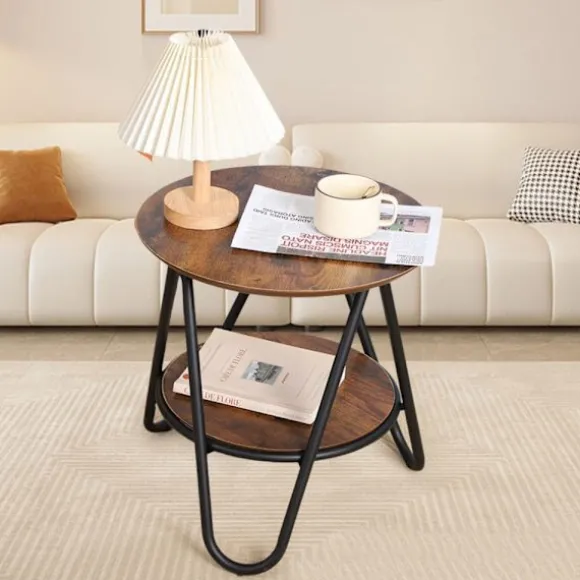 Rundt sofabord med hylde 40 cm MDF/metal, rustik træfarve