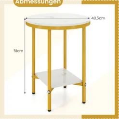 Rundt sofabord med marmorlook, 2-lags, hvid/guld