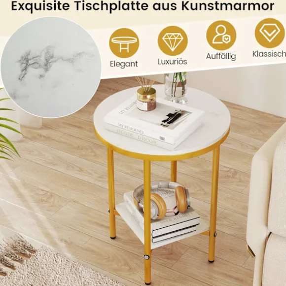 Rundt sofabord med marmorlook, 2-lags, hvid/guld