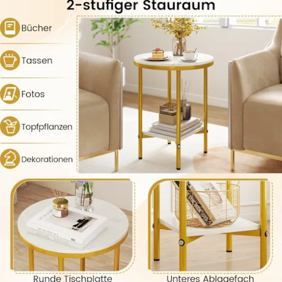 Rundt sofabord med marmorlook, 2-lags, hvid/guld