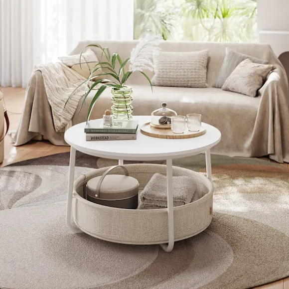 Rundt sofabord med opbevaringskurv - hvid/beige