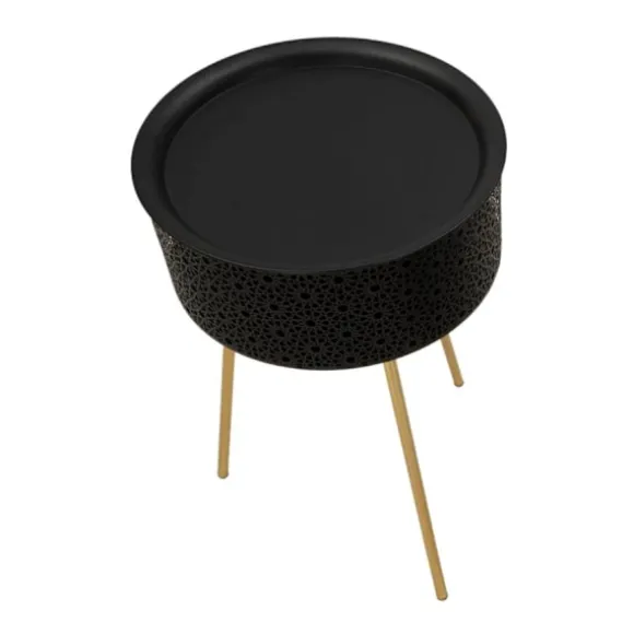 Rundt sort metalbord, guldben, opbevaring, Ø40x65 cm