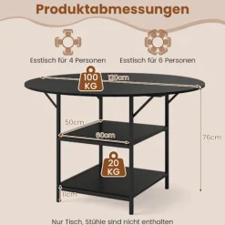 Rundt spisebord, 120 cm, 2-lags hylde, metalstel