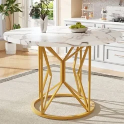 Rundt spisebord 100 cm, marmor MDF-plade og gyldne geometriske metalben, til 4-6 personer, spisestue Golden