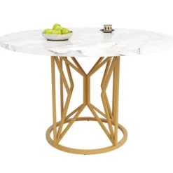 Rundt spisebord 100 cm, marmor MDF-plade og gyldne geometriske metalben, til 4-6 personer, spisestue Golden