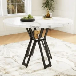 Rundt spisebord 100 cm, marmorplade, sorte ben, letvægts stuebord, til 4-6 personer, 76 cm højt Black