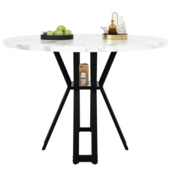 Rundt spisebord 100 cm, marmorplade, sorte ben, letvægts stuebord, til 4-6 personer, 76 cm højt Black