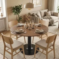 Rundt spisebord, 110 cm, MDF og stål, plads til 6
