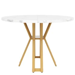 Rundt spisebord, 100 cm, med marmoreret MDF-plade og guldben, luksuriøst, til 4-6 personer, til spisestue Golden