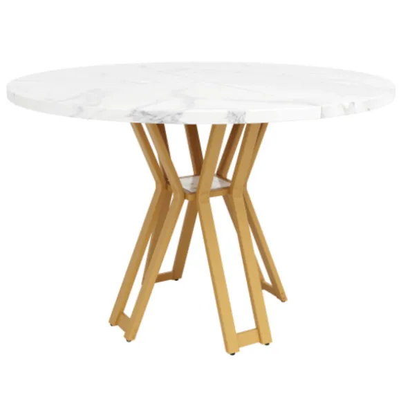 Rundt spisebord, 100 cm, med marmoreret MDF-plade og guldben, luksuriøst, til 4-6 personer, til spisestue Golden