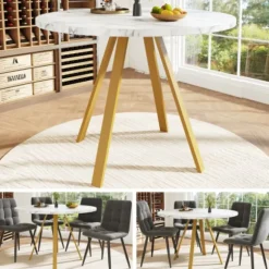 Rundt spisebord 80×80×75 cm med marmormønstre og gyldne metalben – til køkken/stue, plads til 4 personer White+Gold