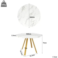 Rundt spisebord 80×80×75 cm med marmormønstre og gyldne metalben – til køkken/stue, plads til 4 personer White+Gold