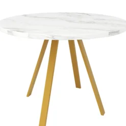 Rundt spisebord 80×80×75 cm med marmormønstre og gyldne metalben – til køkken/stue, plads til 4 personer White+Gold