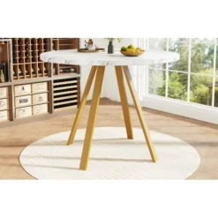 Rundt spisebord 80×80×75 cm med marmormønstre og gyldne metalben – til køkken/stue, plads til 4 personer White+Gold