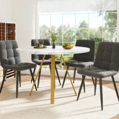 Rundt spisebord 80×80×75 cm med marmormønstre og gyldne metalben – til køkken/stue, plads til 4 personer White+Gold