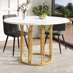 Rundt spisebord med marmormønster & gyldne metalben, køkkenbord, morgenmadsbord, 1 stk., sort/guld Gold