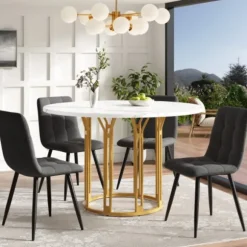Rundt spisebord med marmormønster & gyldne metalben, køkkenbord, morgenmadsbord, 1 stk., sort/guld Gold