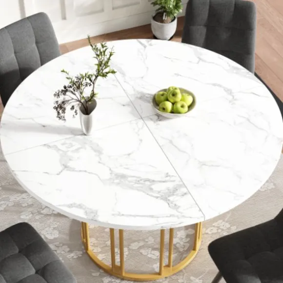 Rundt spisebord med marmormønster & gyldne metalben, køkkenbord, morgenmadsbord, 1 stk., sort/guld Gold