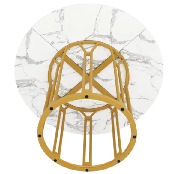 Rundt spisebord med marmormønster & gyldne metalben, køkkenbord, morgenmadsbord, 1 stk., sort/guld Gold