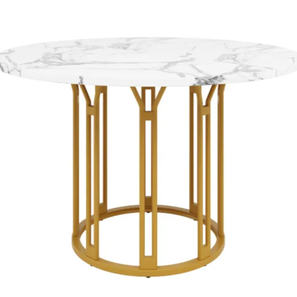 Rundt spisebord med marmormønster & gyldne metalben, køkkenbord, morgenmadsbord, 1 stk., sort/guld Gold