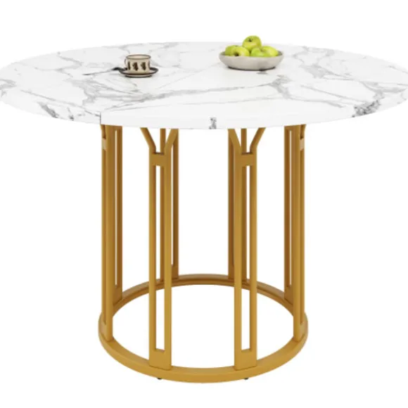 Rundt spisebord med marmormønster & gyldne metalben, køkkenbord, morgenmadsbord, 1 stk., sort/guld Gold