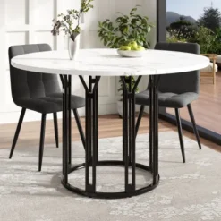Rundt spisebord med marmormønster & gyldne metalben, køkkenbord, morgenmadsbord, 1 stk., sort/guld Black