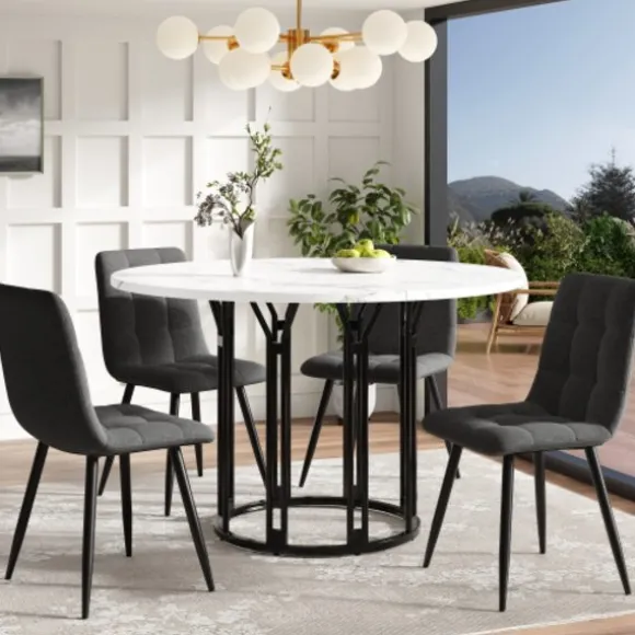 Rundt spisebord med marmormønster & gyldne metalben, køkkenbord, morgenmadsbord, 1 stk., sort/guld Black