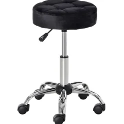 Salonstol med hjul Rullende skammel Højdejusterbar Drejelig Salonstol Fløjl Touch Foam Krom Base Sort 35 x 35 x 49-61 cm