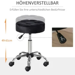 Salonstol med hjul Rullende skammel Højdejusterbar Drejelig Salonstol Fløjl Touch Foam Krom Base Sort 35 x 35 x 49-61 cm