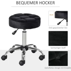 Salonstol med hjul Rullende skammel Højdejusterbar Drejelig Salonstol Fløjl Touch Foam Krom Base Sort 35 x 35 x 49-61 cm