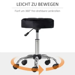 Salonstol med hjul Rullende skammel Højdejusterbar Drejelig Salonstol Fløjl Touch Foam Krom Base Sort 35 x 35 x 49-61 cm