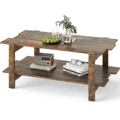 Salontable Basse med 2 Niveaux COSTWAY, Lameltræ, Opbevaringshylde, Rektangulær Accentbord Totalbelastning 120KG, Valnød