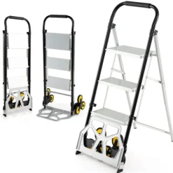 Sammenklappelig Aluminiumstrinladder 3 Trin COSTWAY - Store Skridsikre Trin - 6 Gummihjul - 250 kg - Lager, Kontor
