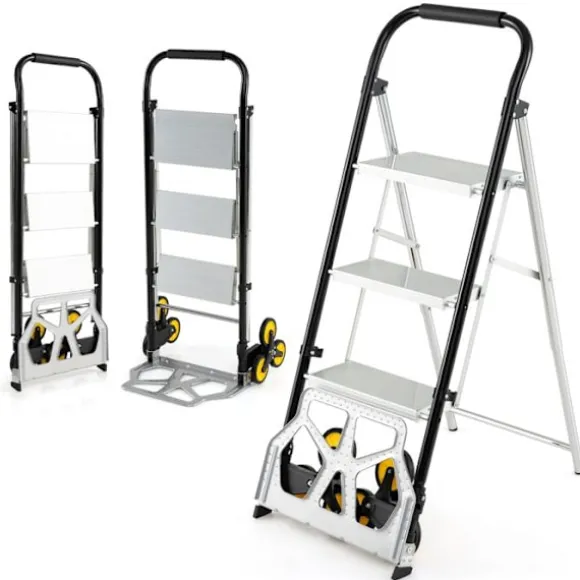 Sammenklappelig Aluminiumstrinladder 3 Trin COSTWAY - Store Skridsikre Trin - 6 Gummihjul - 250 kg - Lager, Kontor