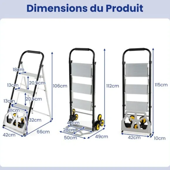 Sammenklappelig Aluminiumstrinladder 3 Trin COSTWAY - Store Skridsikre Trin - 6 Gummihjul - 250 kg - Lager, Kontor