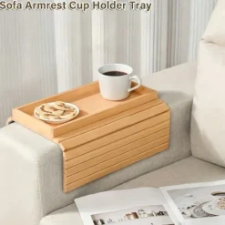 Sammenklappelig armbakke i bambusstil til sofa, ingen montering, anti-dryp kopholder, skridsikker pude til sofa, kontor Natural