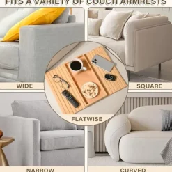 Sammenklappelig armbakke i bambusstil til sofa, ingen montering, anti-dryp kopholder, skridsikker pude til sofa, kontor Natural