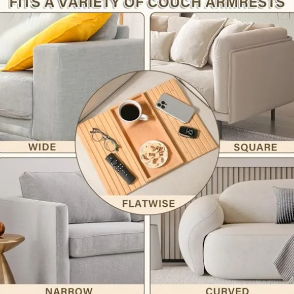 Sammenklappelig armbakke i bambusstil til sofa, ingen montering, anti-dryp kopholder, skridsikker pude til sofa, kontor Natural