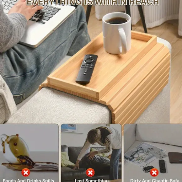 Sammenklappelig armbakke i bambusstil til sofa, ingen montering, anti-dryp kopholder, skridsikker pude til sofa, kontor Natural