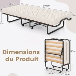 Sammenklappelig seng 90x200 cm COSTWAY, Sengestruktur med 4 hjul til gæster, 10 cm ortopædisk memory skum madras, Belastning 120 kg, Beige Färger: Svart + Beige | Fyndiq